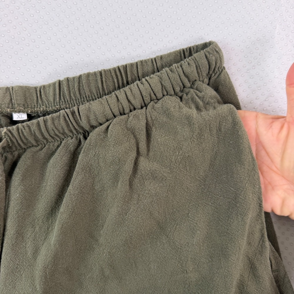 Women Linen Blend Wide Leg Pants Olive Green Drawstring Elastic Waist Casual XL - Picture 9 of 11